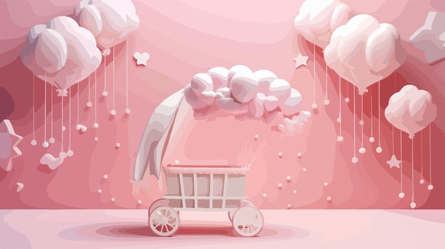 Vector a pink background with a pink and white carriage with the words  kiss  on the bottom