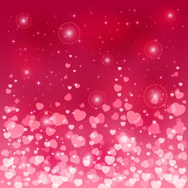 Vector pink background with shiny blurry hearts and stars, illustration.