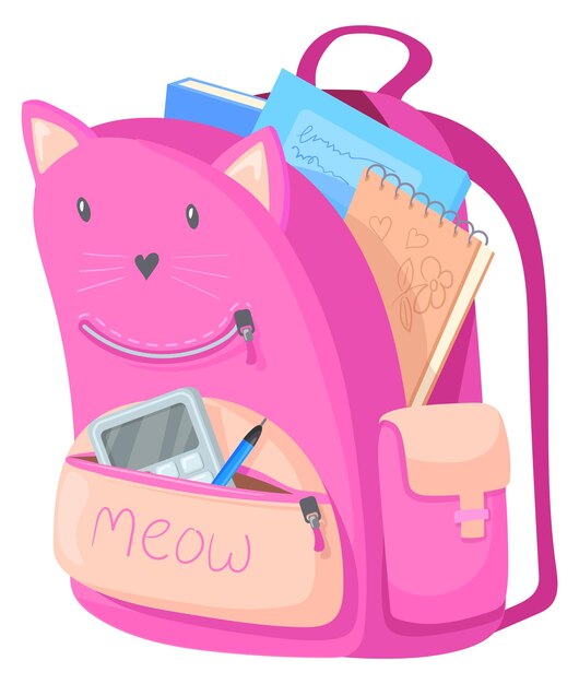 Vector pink backpack school kitty bag with kid supplies