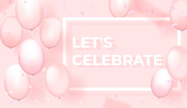 Pink balloons with rectangle frame on light pink background