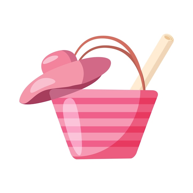 Pink beach bag and hat icon in cartoon style on a white background