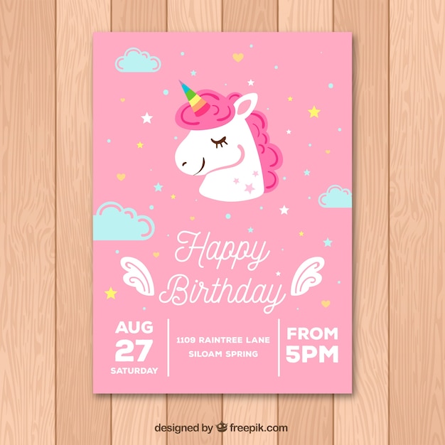 Pink birthday card with a cute unicorn