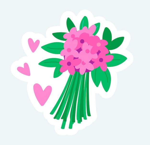 Vector pink blooming flowers bouquet and hearts spring and summer nature