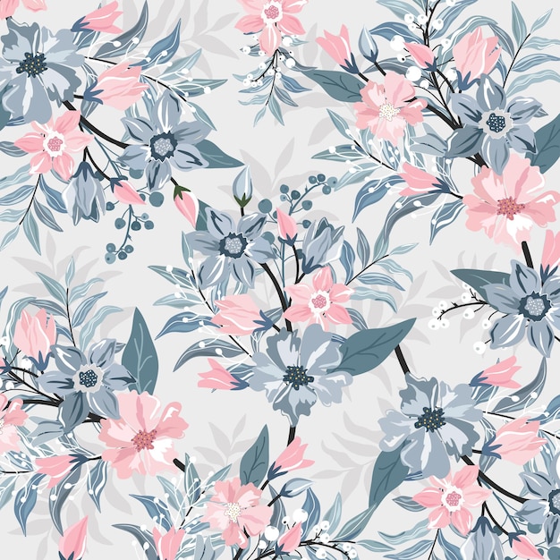 Pink and blue blossom with leaf seamless pattern