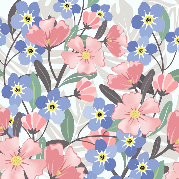 Pink and blue floral and leaf pattern.