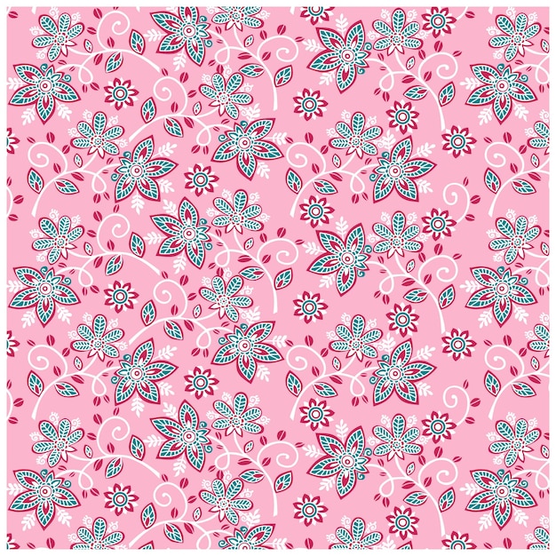 A pink and blue floral pattern with pink flowers.