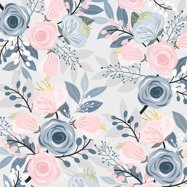 Pink and blue floral with leaf pattern.