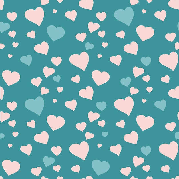 Pink and blue hearts on a turquoise background Seamless pattern Romantic background