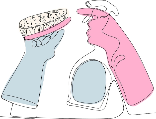 A pink and blue line drawing of a man and a woman brushing their teeth