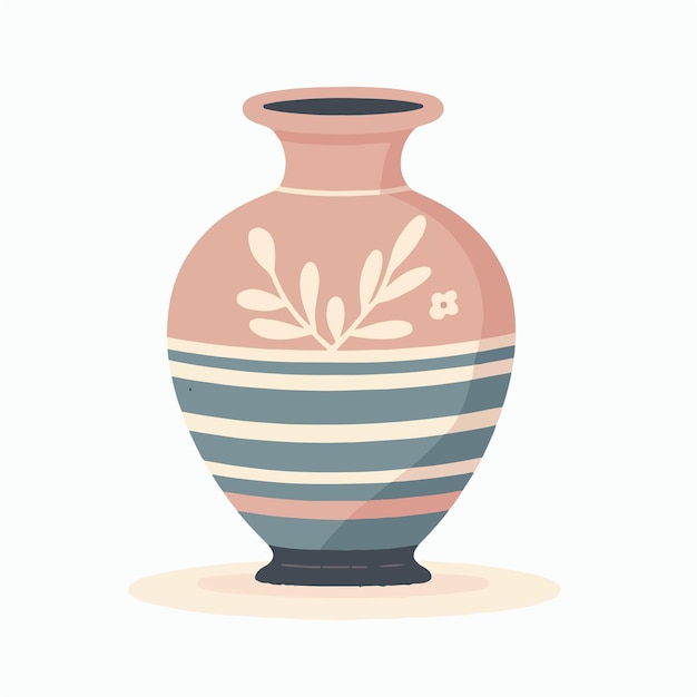 A pink and blue vase with a leaf design sits on a white background