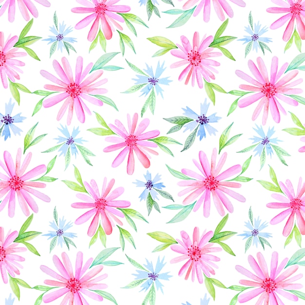 Pink and blue watercolor flowers pattern