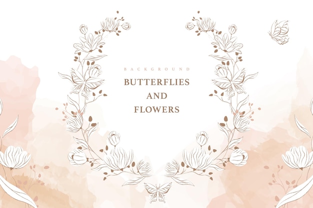 Vector pink botanical banner with flowers and butterflies composition