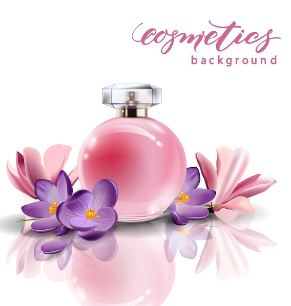 Pink bottle women's perfume with spring flowers crocuses. Vector template