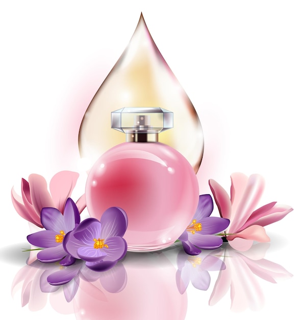 Pink bottle women's perfume with spring flowers crocusesand with a drop of pink color . Vector template