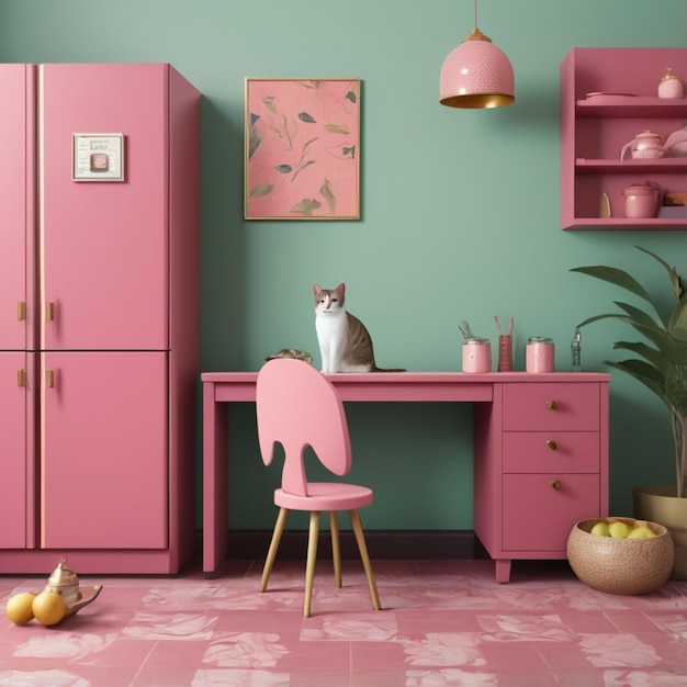 Vector a pink cabinet with a cat on it and a pink chair in front of it