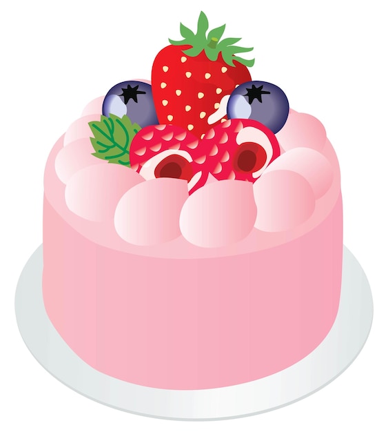 A pink cake with a strawberry on the top