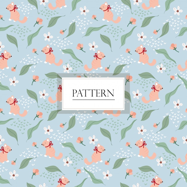 Pink cat and variety flower seamless pattern/background