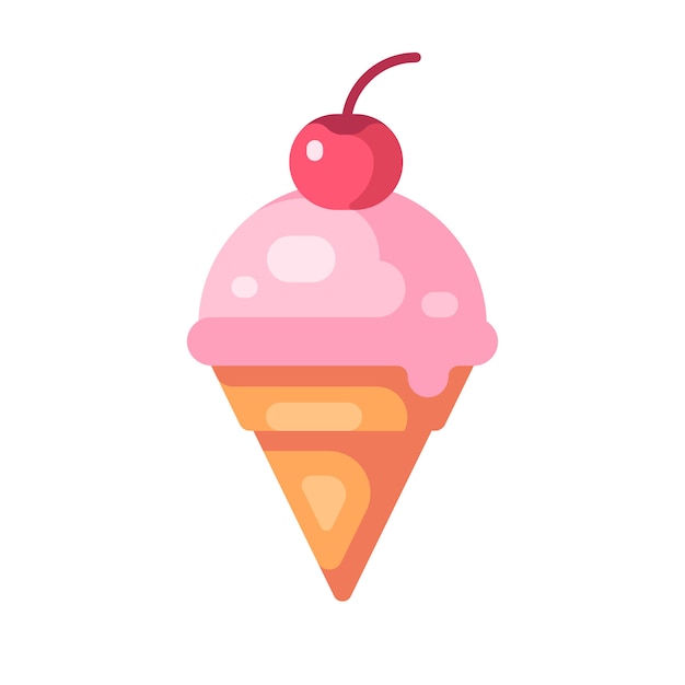 Pink cherry ice cream cone flat icon 