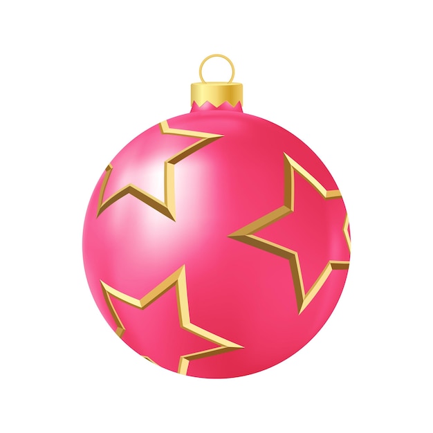 Pink Christmas tree toy with golden stars Realistic color illustration