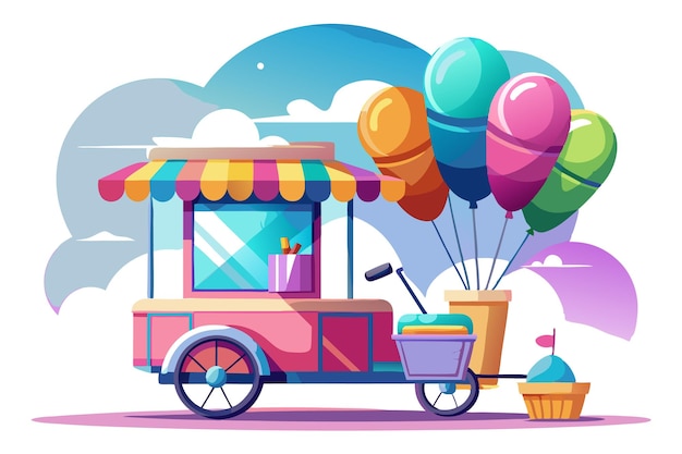 A pink and colorful food cart with a striped awning a basket of balloons and a basket of ice cream cones on a white background