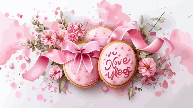 Vector pink cookies with ribbon text we love you and bouquet