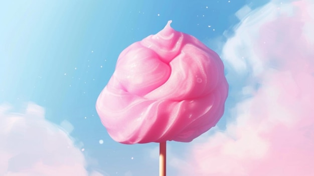 a pink cotton candy covered in pink and blue clouds