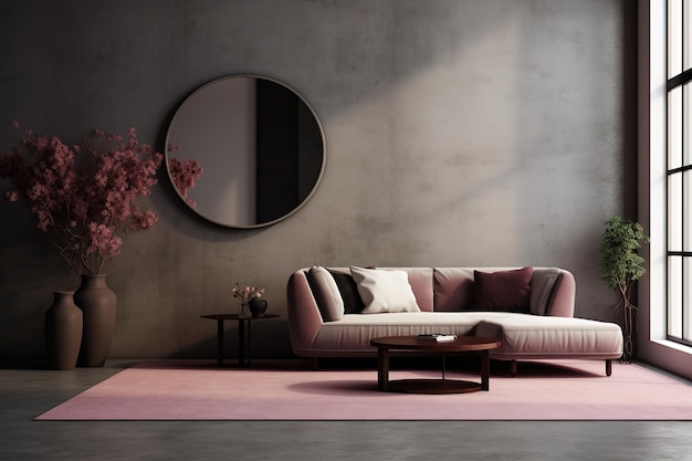 a pink couch with a round mirror on the wall and a pink couch with a pink couch