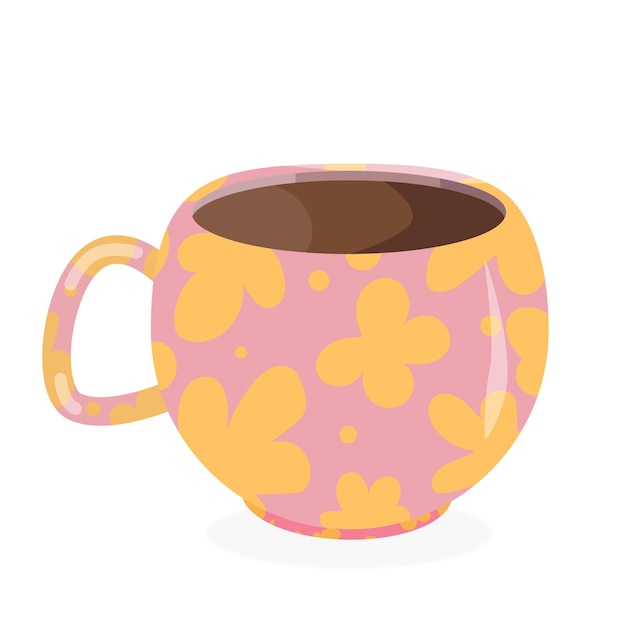 Pink cup with print of yellow kaites with coffee tea or cocoa