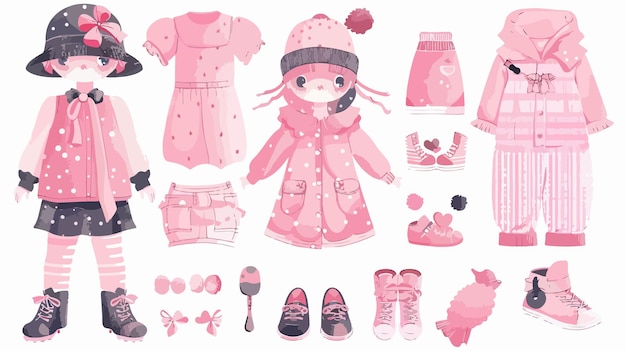 Vector pink doll with clothes shoes and accessories