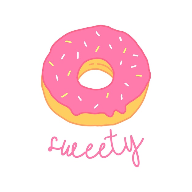 Pink donut in cartoon style with the inscription sweety Donut poster isolated food illustration