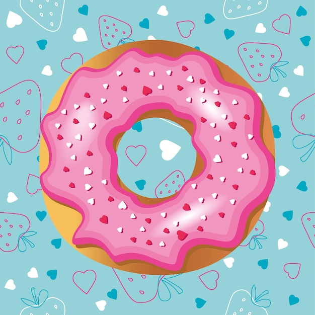 Pink donut and strawberries on blue Decorated with hearts Donut drawing in realistic style in vector