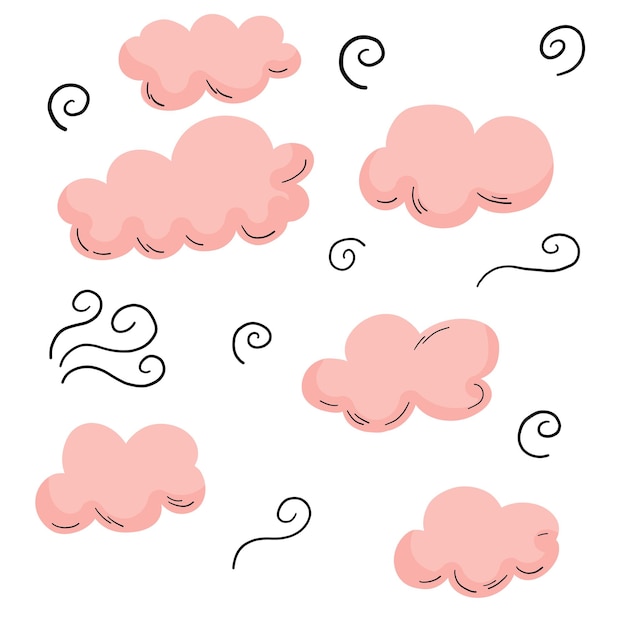 Pink doodle clouds set with black outline swirl