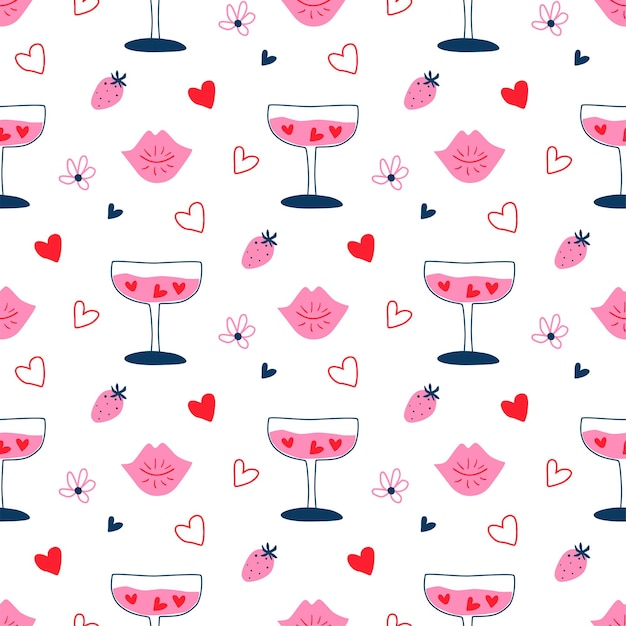 Pink doodle love seamless pattern Valentines day Vector romantic cocktail hearts lips background