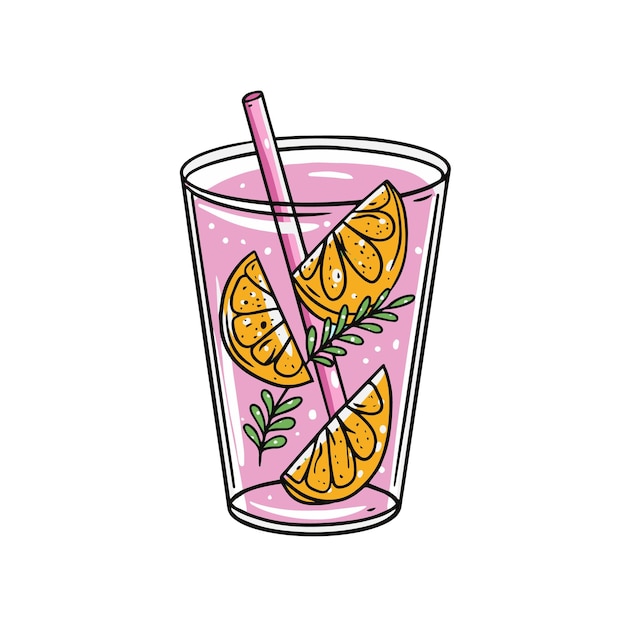 Pink drink with lemon slice. Hand drawn colorful cartoon style vector illustration.