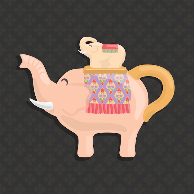 Pink elephants thai ceramic pot and cup filigree decoration vector illustration