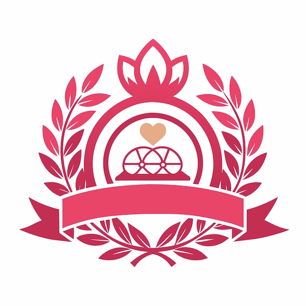 A pink emblem featuring a heart and wheel design framed by a laurel wreath and a ribbon