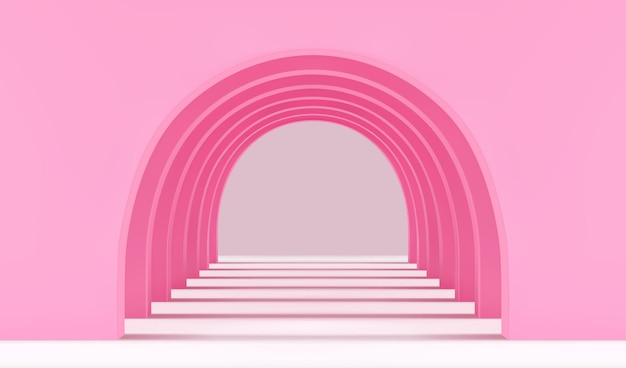 Pink empty corridor of several round arches in perspective with shadows