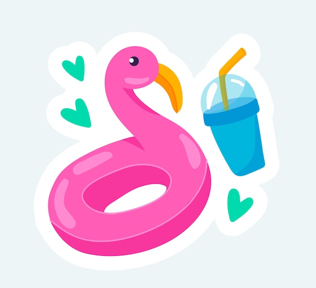 Pink flamingo inflatable rubber ring and cold drink Summer vacation