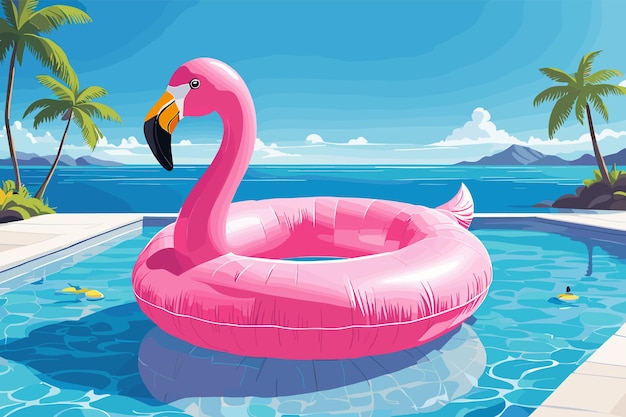 Vector pink flamingo pool float in tropical paradise