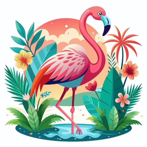 Vector pink flamingo standing in a tropical lagoon