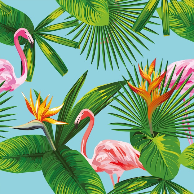 Pink flamingo tropical leaves and flowers pattern