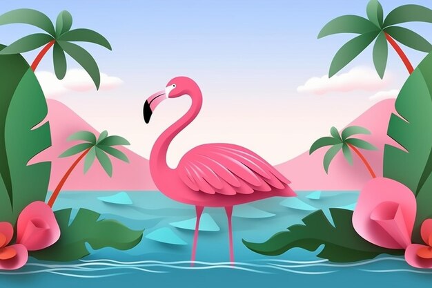 Vector pink flamingo and tropical leaves wallpaper