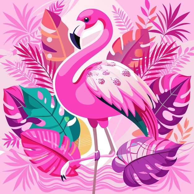 a pink flamingo with flowers and a pink background with a pink flamingo