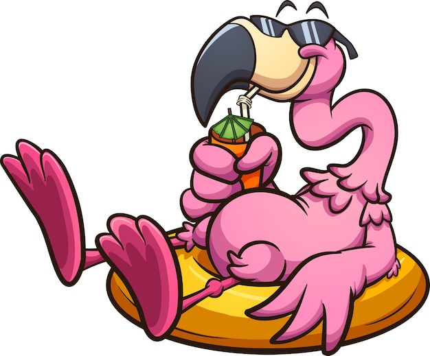 Pink flamingo with sunglasses resting on a lifesaver and having a tropical drink
