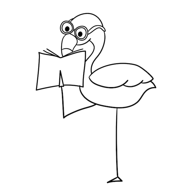 Pink flamingo zoo character wearing glasses and reading a book Cartoon vector