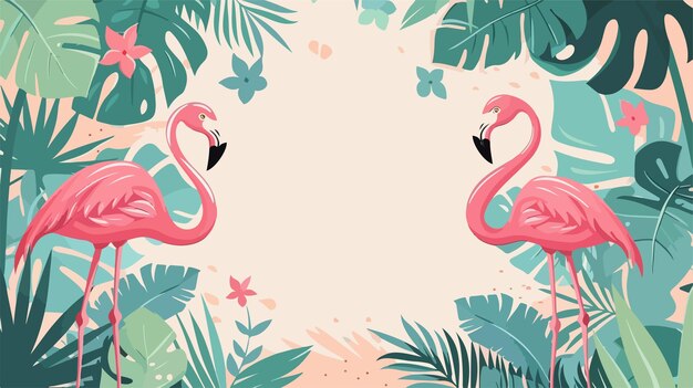 Vector pink flamingos are on a pink background with palm leaves