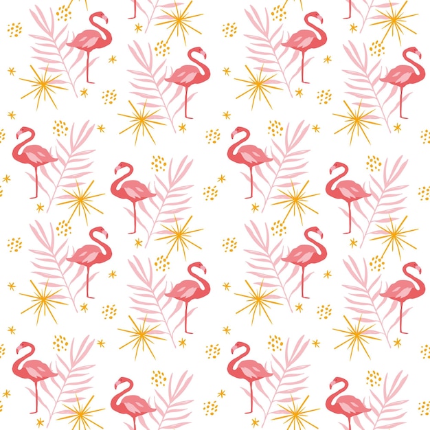 Vector pink flamingos with twigs and stars pink birds and plants tropical background