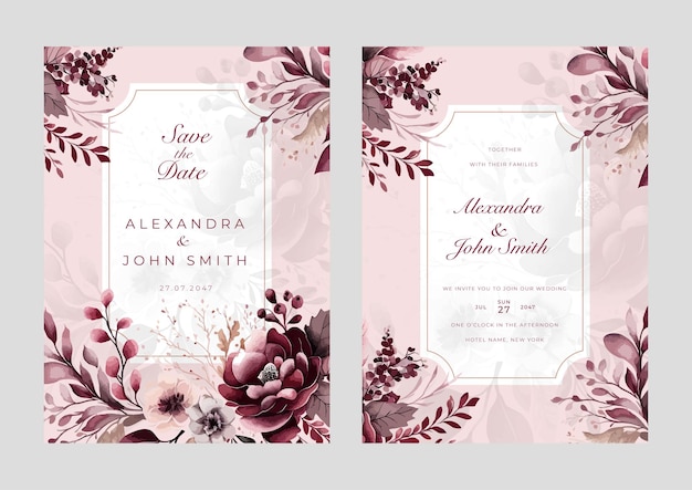 Pink floral watercolor wedding invitation card set