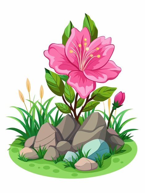 a pink flower in the grass with rocks and flowers