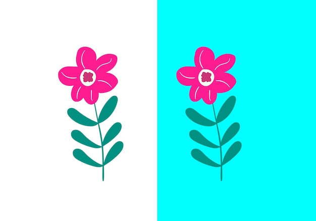 a pink flower and green leaves on a blue background